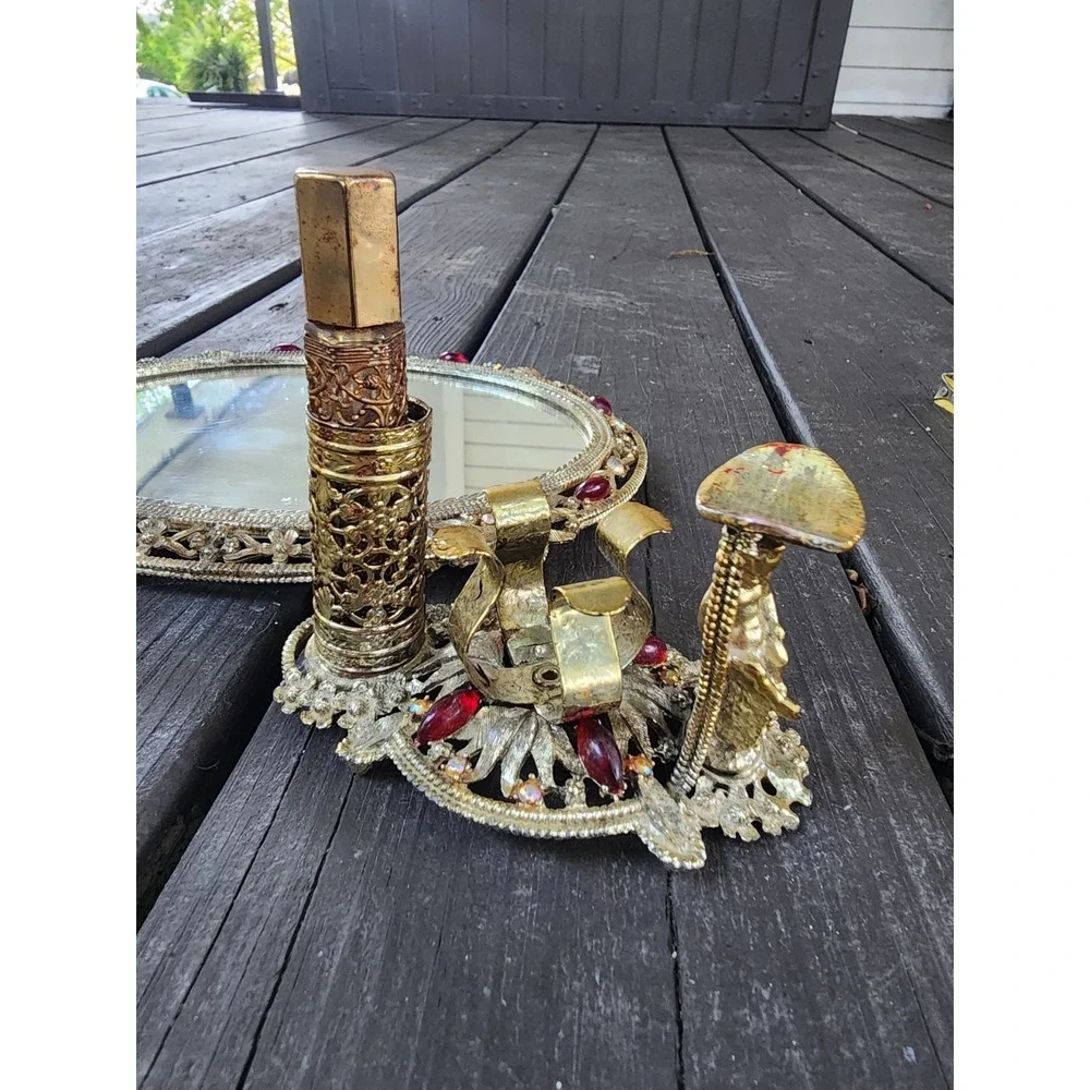 Vintage Antique Art Nouveau Gold Tone Ruby Jeweled Vanity Set, Ormolu Revlon HTF